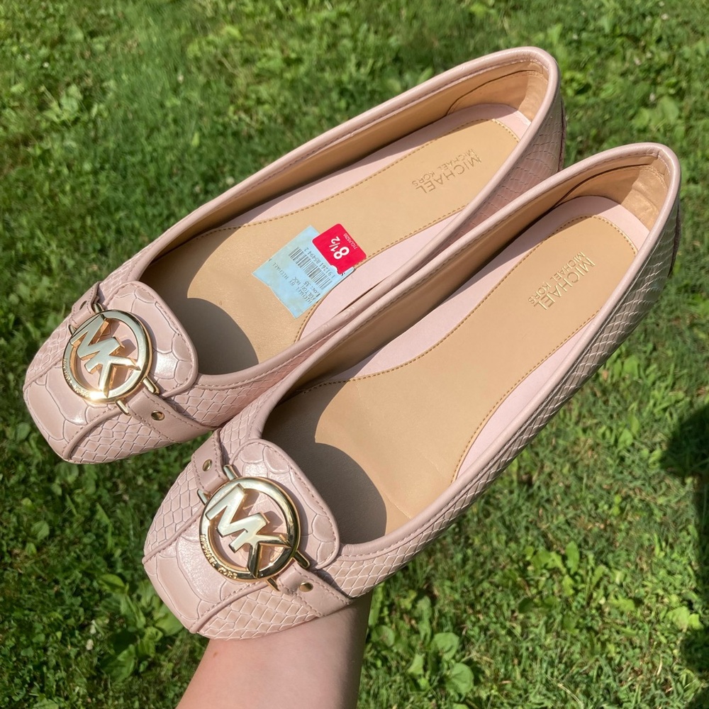 Michael Kors Fulton Pink Leather Snakeskin Ballet Flats Gold Hardware Logo - Picture 7 of 17